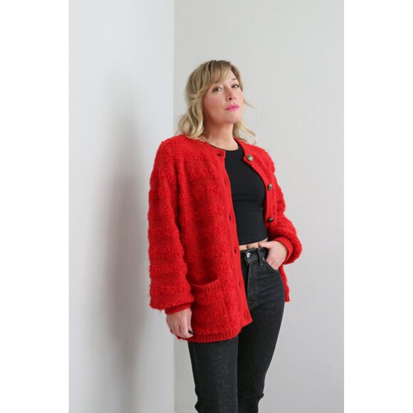 1980's Vintage Fuzzy Mohair Heart Button Cardigan ~ Women's Medium LG XL 80's - Picture 6 of 9